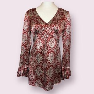 Sundance Satin Silk Long Bell Sleeve Blouse Top Gray & Red Size 2